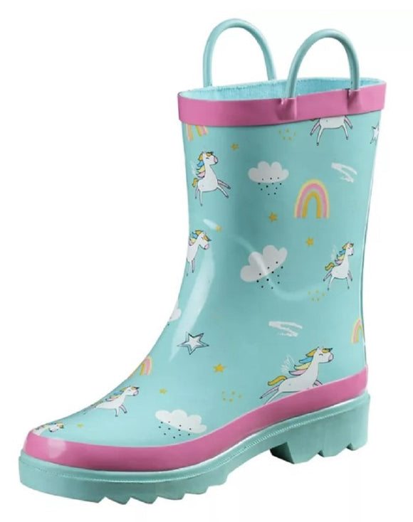 Blue Mountain BM2304 Wellington Style Kids' Rubber Boots Unicorn Print -Size 7/8