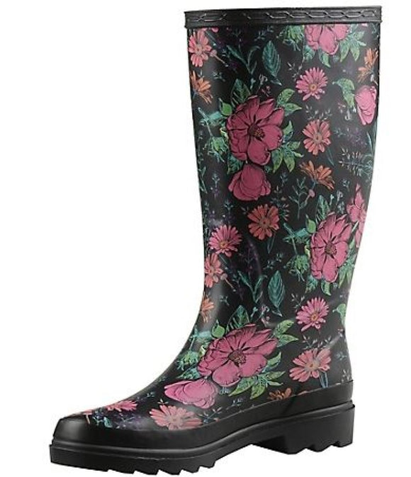 Blue Mountain BM2301 Wellington Style Women's Rubber Rain Boots Floral, Size 9