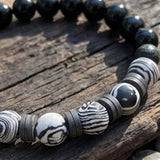Handmade Black Onyx-style & Zebra Jasper-like Beaded Bracelet, Black White Swirl Stone, Gray Polymer Clay Heishi Spacer Beads, Boho