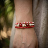 Handmade Red White Gold Beaded Bracelet Set, Starfish Charm, Boho Ocean Jewelry