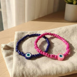 Handmade Pink Blue Beaded Bracelet Set, Eye Charm, Playful Boho Jewelry