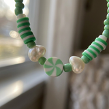 Green Clay Bead Pearl Bracelet, Preppy Peppermint Swirl Candy Jewelry,  Cute Summer Gift for Her