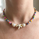 Handmade Starfish Beaded Necklace - Rainbow Beach Choker, Summer Jewelry with Faux Pearls