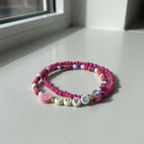Love Letter Bracelet Set, Pink & Purple Fruit Charm Stack, Personalized Beaded Jewelry for Kids & Teens