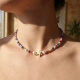 Handmade Beaded Necklace -  Multicolor, Starfish Charm and Faux Pearls