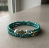 Handmade 2-Piece Turquoise Beaded Bracelet Set with Pearl Accents & Gold-Tone Flower Beads Gift