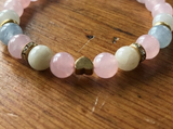 Pink Pastel Beaded Bracelet with Gold Heart Charm, Smooth Round Natural Stone Handmade Stretch Bracelet, Dainty Crystal Style Jewelry