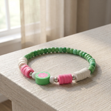 Watermelon Color Clay Bead Bracelet, Pink Green Flower Heishi Bead Jewelry, Preppy Summer Fruit Bracelet Stack