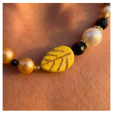 Handcrafted Classic Yellow Pearl Necklace w/ Glass Crystal Beads, Metal-Plated Clasp w/ Extension Chain