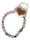 Rose Quartz Beaded Bracelet - White Pink & Blue Pastel Natural Stone Stretch Bracelet with Small Gold Heart Charm, Healing Crystal Jewelry