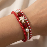 Handmade Red White Gold Beaded Bracelet Set, Starfish Charm, Boho Ocean Jewelry