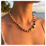 Handcrafted Classic Yellow Pearl Necklace w/ Glass Crystal Beads, Metal-Plated Clasp w/ Extension Chain