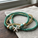 Aqua Turquoise with Gold & Ivory Accents Beaded Bracelet Set, Starfish Coastal Charm Stackable Jewelry Pearl & Crystal Stretch Bangles with