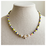 Handcrafted Coastal Starfish Beaded Necklace, Metal-Plated Clasp w/ Extension Chain