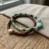 Cute Handmade Beaded Bracelet Set 2pcs Brown Blue Green White with Star & Flower Accent Gift