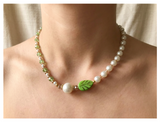 Handcrafted Spring Leaf and Pearl Necklace with Faceted Crystal Beads, Metal-Plated Clasp w/ Extension Chain
