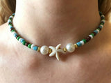 Sirenka Handmade - Starfish Beaded Necklace, Earth Tone Seed Bead Choker, Coastal Boho Jewelry with Faux Pearls