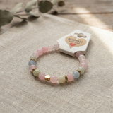 Pink Pastel Beaded Bracelet with Gold Heart Charm, Smooth Round Natural Stone Handmade Stretch Bracelet, Dainty Crystal Style Jewelry