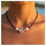 Elegant Flower Design Necklace with Acrylic White Pearl Beads, Black Cord, Lobster Claw with Extension Chain