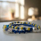 Handmade Blue Yellow Beaded Bracelet Set, Heart and Butterfly Charms, Pearl-Like Accents, Playful Boho Jewelry