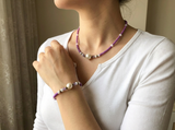 Purple Beaded Necklace and Bracelet Set Faux Pearl Charm Jewelry Coquette Aesthetic Pastel Choker