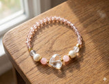 Handmade Beaded Bracelet – Swarovski Pink Glass, Quartz, Pearls, Moonstone & Gold Spacers with Clear Heart Crystal Charm