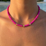 Pink Beaded Gold Star Necklace, Hot Pink Choker Bead Jewelry, Cute Minimalist, Metal-Plated Clasp w/ Extension Chain