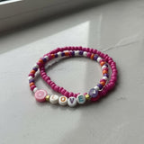 Love Letter Bracelet Set, Pink & Purple Fruit Charm Stack, Personalized Beaded Jewelry for Kids & Teens