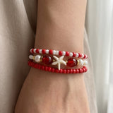 Handmade Red White Gold Beaded Bracelet Set, Starfish Charm, Boho Ocean Jewelry