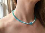 Turquoise Beaded Necklace with Flower Charm, Dainty Seed Beads Floral Jewelry, Metal-Plated Clasp with Extension Chain, Minimalist