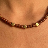 Brown Seed Bead Necklace with Gold Star Charms, Dainty Beaded Jewelry Metal-Plated Clasp w/ Extension Chain