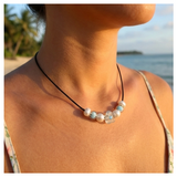 Minimalist Floral Design Necklace with Acrylic White Pearl Beads, Black Cord, Lobster Claw with Extension Chain