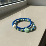 Blue & Green Ocean Bead Bracelet Set, Sea Shell & Starfish Charm Stack, Coastal Beach Jewelry Gift