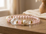 Handmade Beaded Bracelet – Swarovski Pink Glass, Quartz, Pearls, Moonstone & Gold Spacers with Clear Heart Crystal Charm