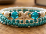 Handmade Turquoise White Pearl-Like Beaded Bracelet Set, Starfish Charm, Boho Ocean Jewelry