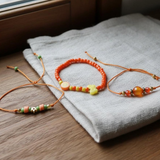 Orange Yellow Mint Bracelet Stack, Handmade Beaded Friendship Bracelets, Lemon Lime, Butterfly & Crown Charm Jewelry