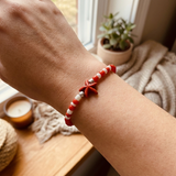 Coral Red Beaded Stretch Bracelet with Starfish Charm — Handmade Beachy Jewelry, Cute Stackable Coastal Summer Accessory Gift