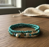 Handmade 2-Piece Turquoise Beaded Bracelet Set with Pearl Accents & Gold-Tone Flower Beads Gift