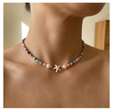 Handcrafted Seaside Starfish and Pearl-like Necklace, Metal-Plated Clasp w/ Extension Chain