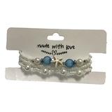 Handmade Ocean Blue White Pearl-Like Beaded Bracelet Set, Starfish Charms, Boho Ocean Jewelry