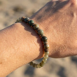 Handmade Bracelet – Green Stone-Style Beads with Brown & Cream Disc Spacers – Boho Jewelry