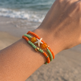 Handmade Orange Green Beaded Bracelet Set, Starfish & Heart Charms, Boho Ocean Jewelry