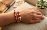 Handmade Red White Beaded Bracelet Set, Silver Heart Charm, Boho Ocean Jewelry