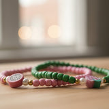 Handmade Pink Green Beaded Bracelet Set, Mushroom Charm & Pattern Accents, Playful Boho Jewelry