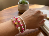 Handmade Pink White Beaded Bracelet Set, Heart Charm, Boho Ocean Jewelry