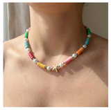 Handcrafted Summer Beach Pearl-like Necklace, Metal-Plated Clasp w/ Extension Chain