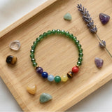 Green Crystal and 7 Chakra Gemstone Bracelet Natural Stone Beaded Handmade Stacking Jewelry Boho Style