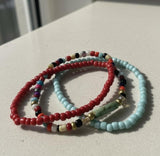 Handmade 3-Piece Colorful Beaded Bracelet Set Red Blue Yellow Black White with Marbled Accent Gift