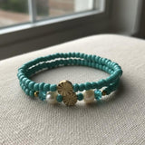 Handmade 2-Piece Turquoise Beaded Bracelet Set with Pearl Accents & Gold-Tone Flower Beads Gift
