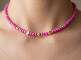 Pink Beaded Gold Star Necklace, Hot Pink Choker Bead Jewelry, Cute Minimalist, Metal-Plated Clasp w/ Extension Chain